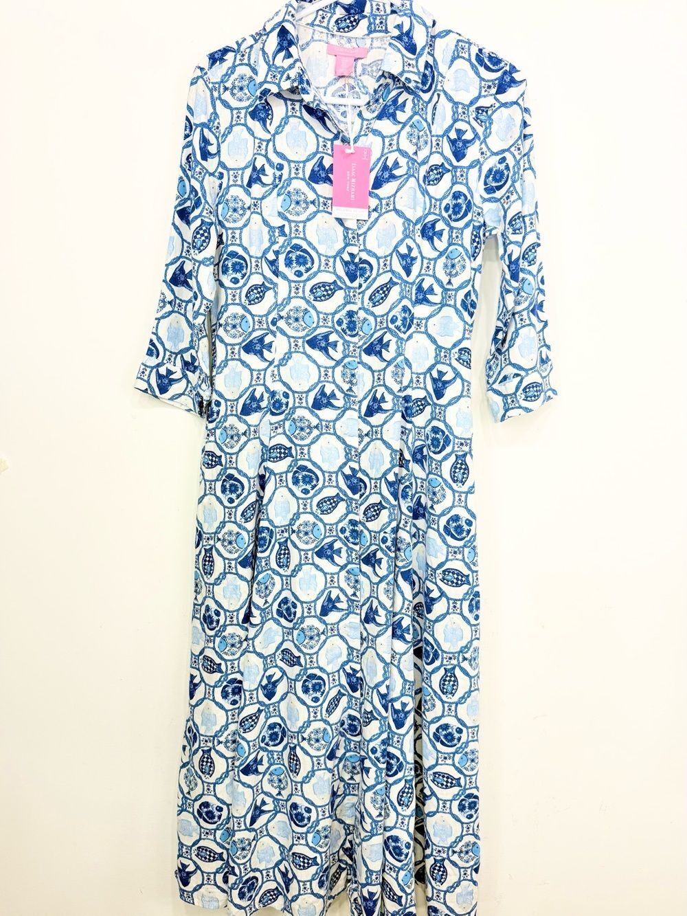 Isaac Mizrahi Linen Blend Blue White Nautical Fish Print Maxi Shirt Dress NEW